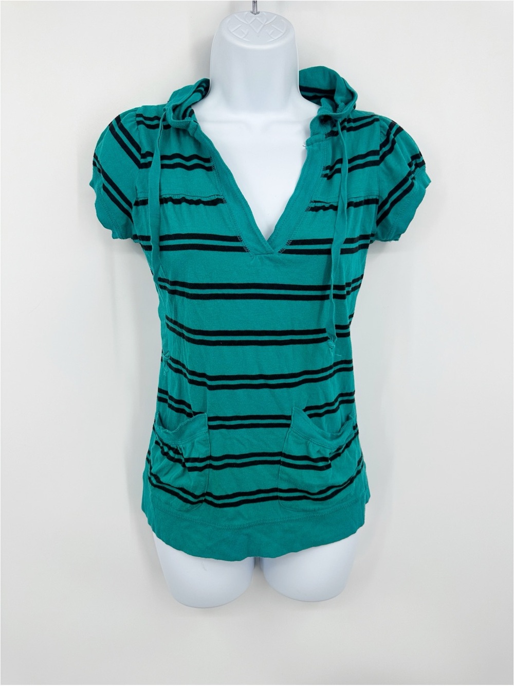 Vintage Y2K Energie Striped Hooded Short Sleeve Shirt Size Juniors Medium